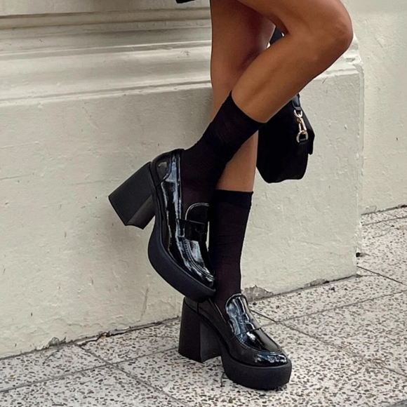 PRINCESS POLLY Black Loafer Platform Heels - Picture 8 of 9